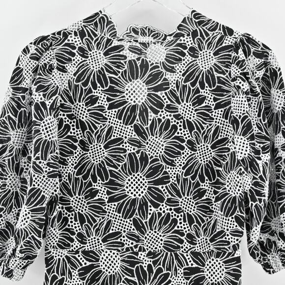 BOSTON PROPER Embroidered Dress Sz 6 Black White Floral Puff Sleeve Flounce Hem‎ - Picture 11 of 15